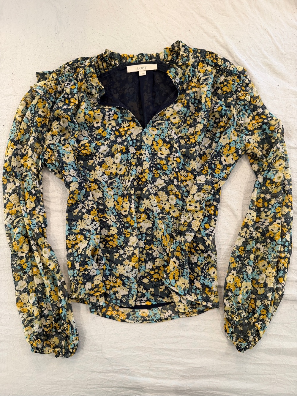 LOFT Yellow, Blue & White Floral Ruffle-Trim Blouse
